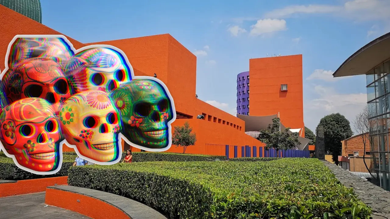 De fondo el CENART, ilustración de calacas. Foto: Maps Mariana Guillén | Canva