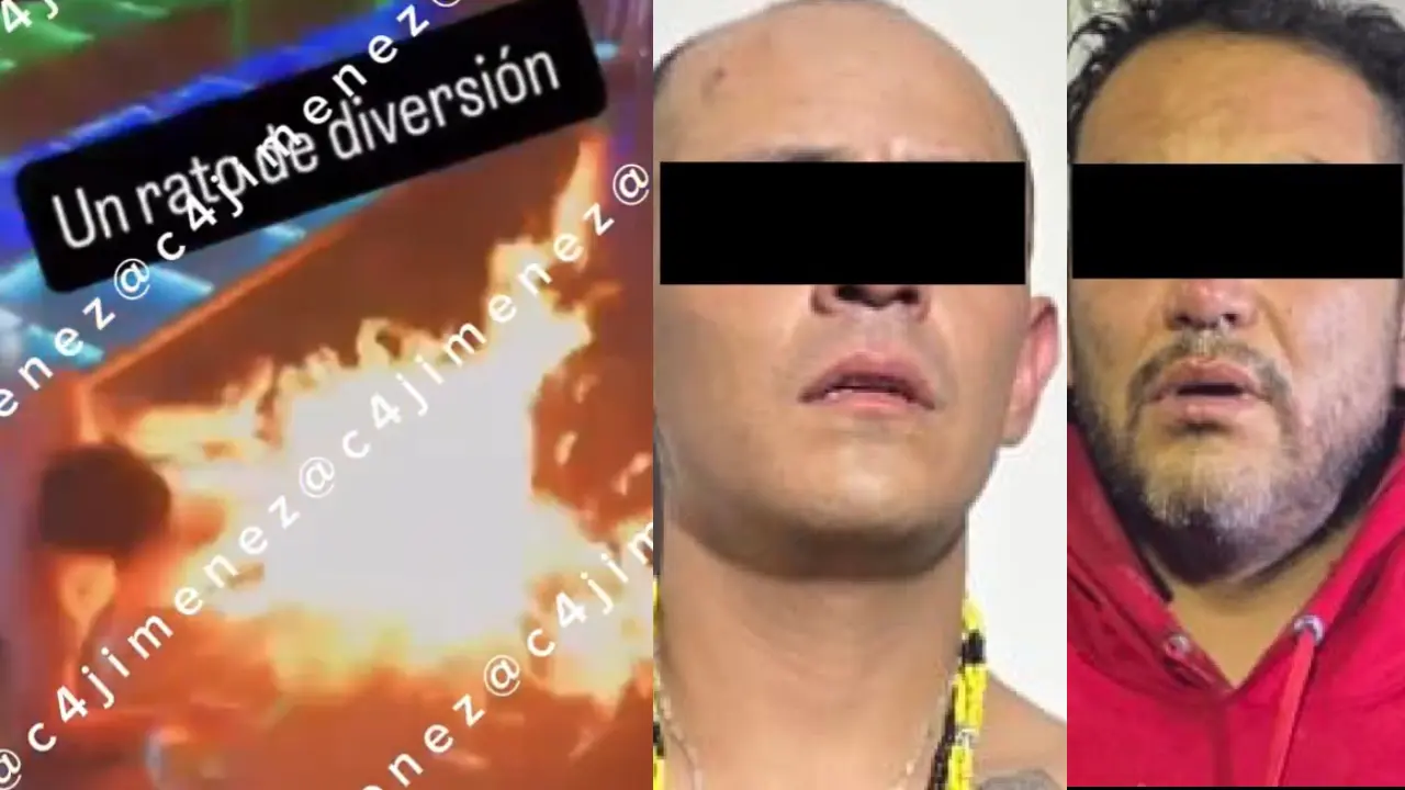 Captura de pantalla de vídeo donde se prende fuego a víctima de Los Malandros y presuntos sospechosos detenidos. Foto: Carlos Jiménez @c4jimenez| Secretaría de Seguridad Ciudadana de la CDMX | Canva