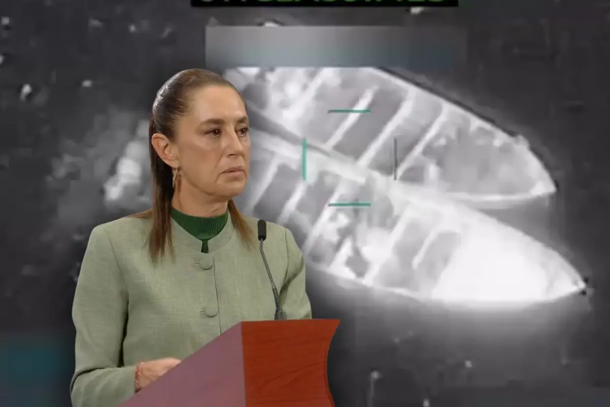 Claudia Sheinbaum y embarcaciones destruidas por EU. Foto: Captura de pantalla: YouTube (Claudia Sheinbaum) / Captura de pantalla: X (@SecWar)