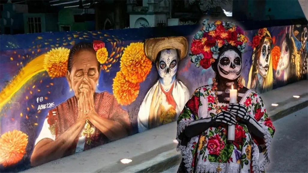 Murales del Pixan Graf se iluminan en el cementerio de Kanasín durante la celebración del Janal Pixan 2025