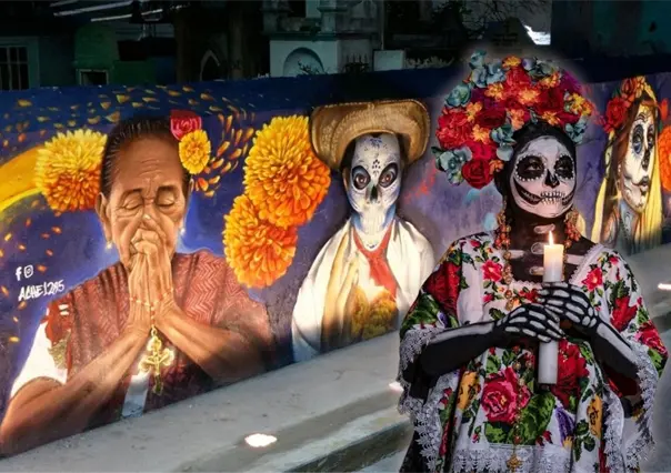 Murales del Pixan Graf se iluminan en el cementerio de Kanasín durante la celebración del Janal Pixan 2025