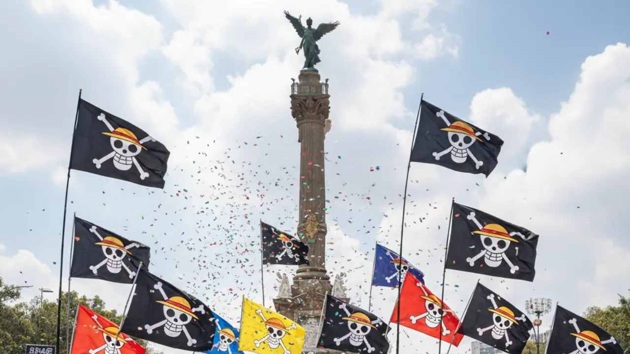 Manifestación en el Ángel de independencia con banderas del anime One Piece | Gemini IA