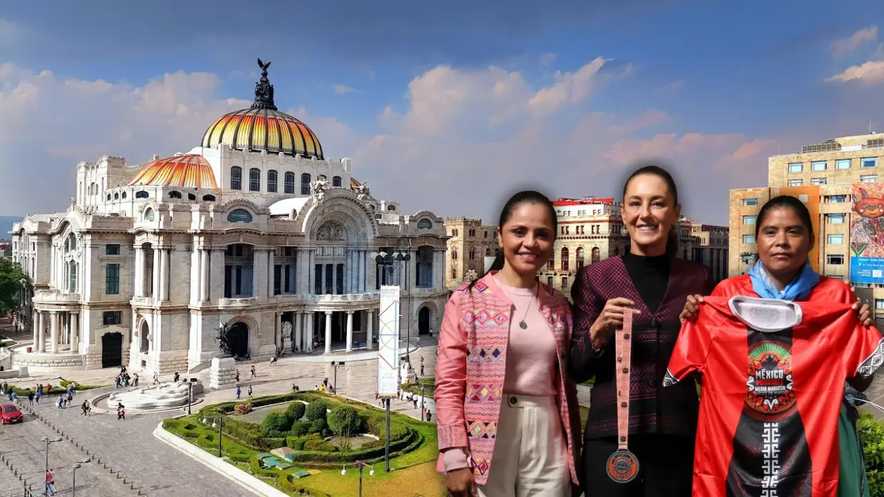 De fondo Palacio de Bellas Artes, Claudia Sheinbaum. Foto: Maps Francisco Miguel | Gobierno México