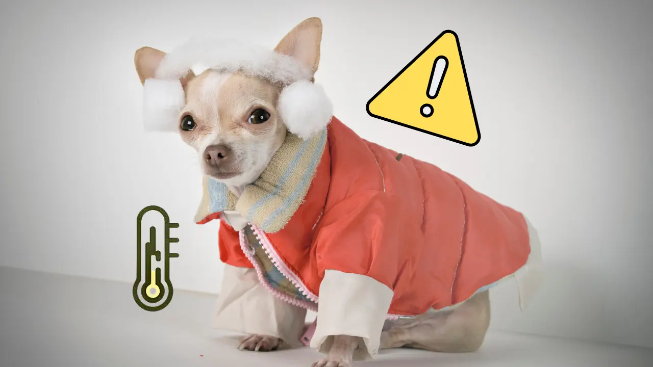 Perro con abrigo y orejeras, íconos de baja temperatura y alerta | Canva