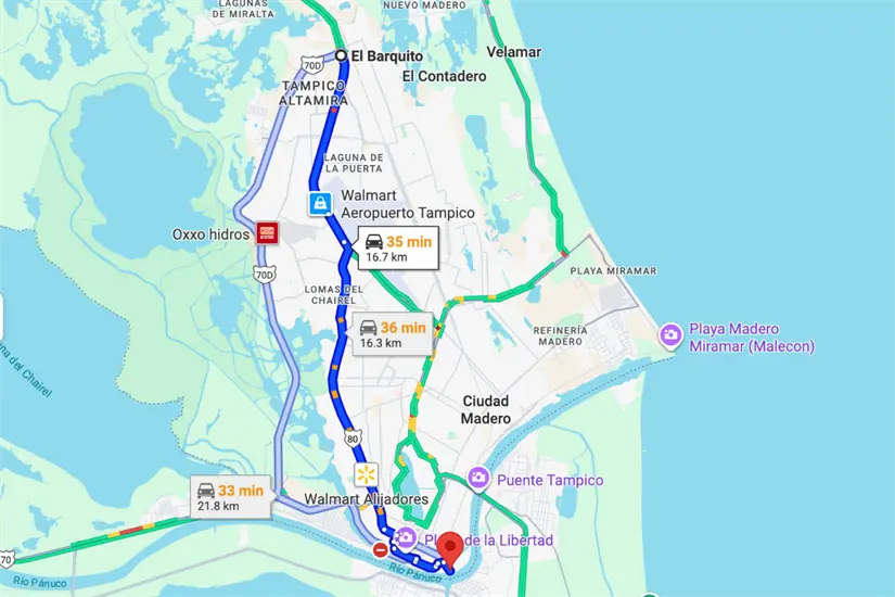 imagen recuadro Ruta del Metrobús en el sur de Tamaulipas prevista en el anteproyecto. Foto: Google Maps