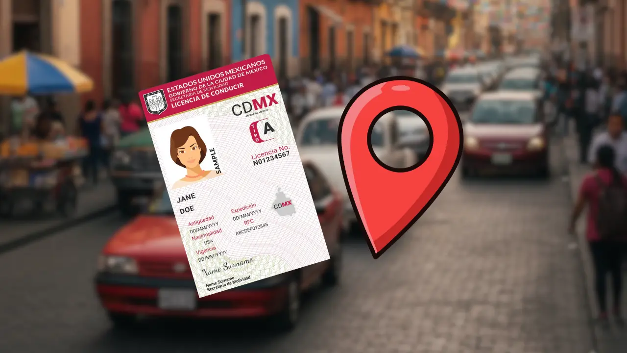 Automóviles. Ejemplo de licencia de conducir de la CDMX e ícono de localización| Gemini IA | Canva