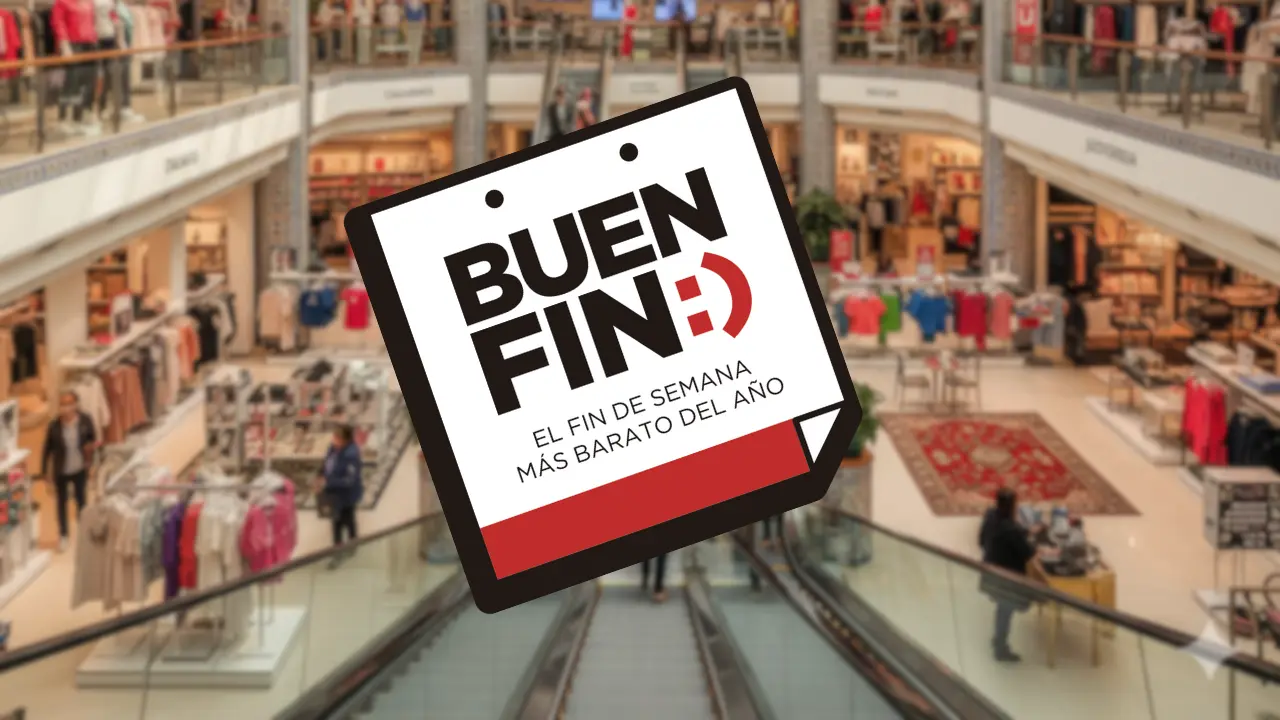 Imagen de centro comercial. Logo Buen Fin 2025 | Gobierno de México | Gemini IA | Canva