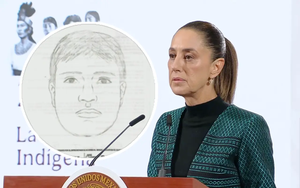Claudia Sheinbaum y retrato hablado de asesino de Carlos Manzo. Captura de pantalla: YouTube (Claudia Sheinbaum) / Facebook (Alfredo Ramírez Bedolla)