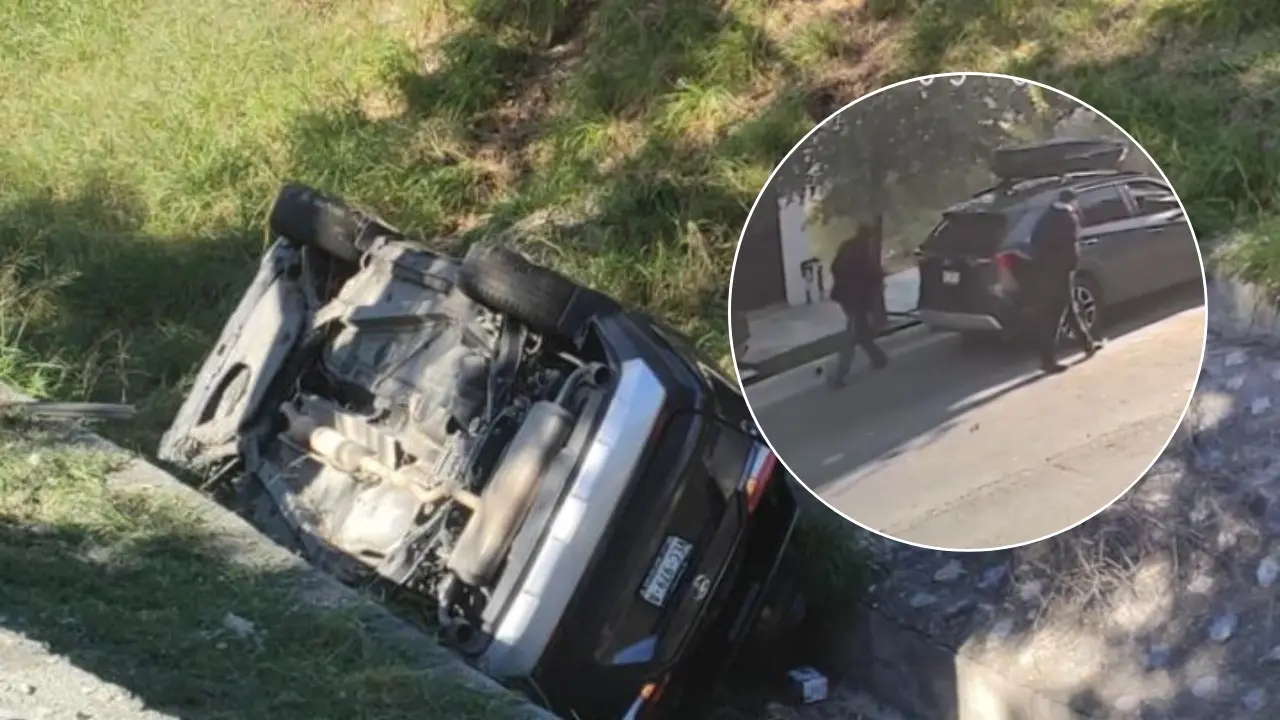 Camioneta volcada e imágenes de agresión a mujer. Foto: Composición Canva