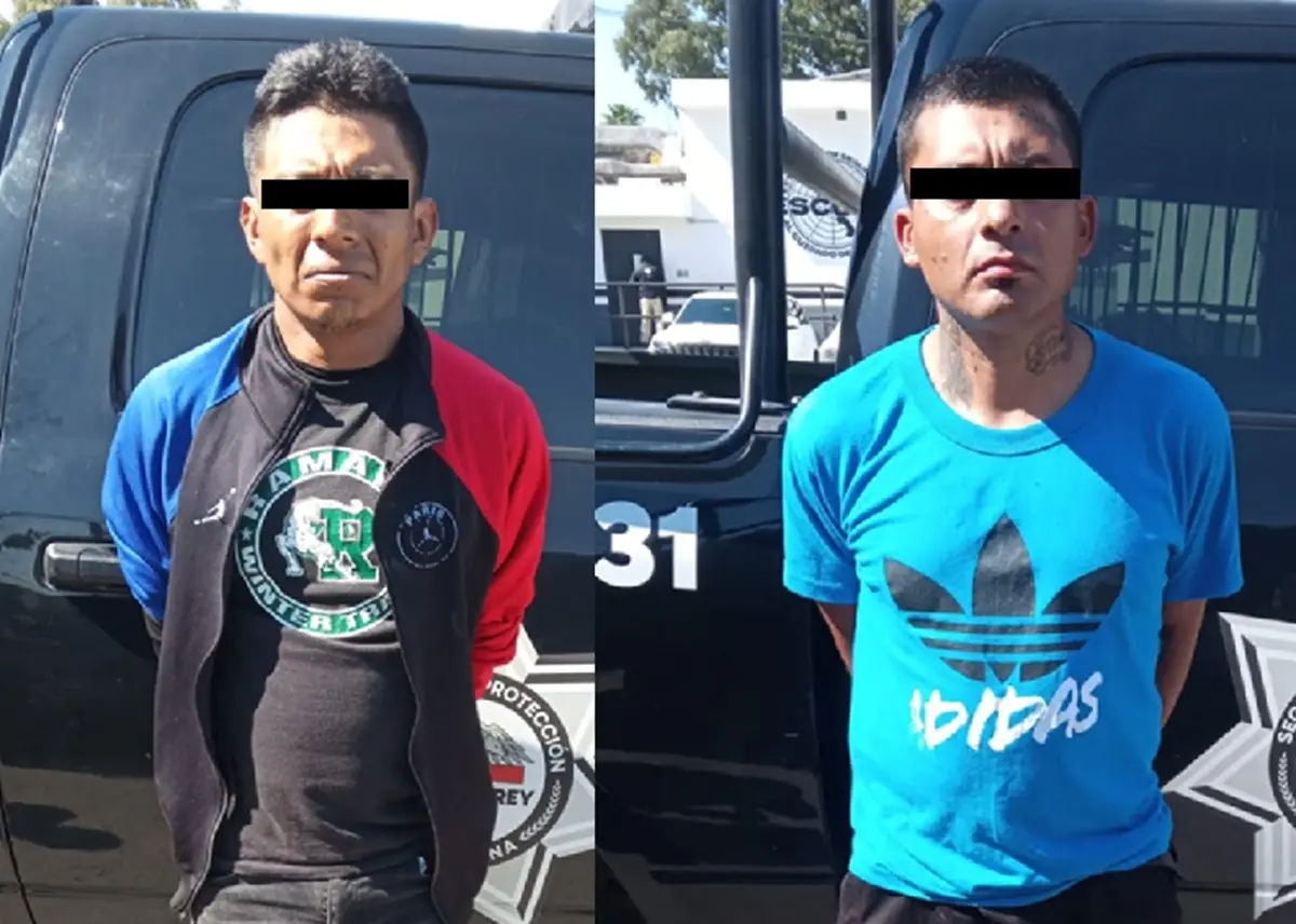 Los presuntos responsables del robo en una casa-habitación de la congregación San Pedro, del municipio de Santiago, fueron identificados como Alejandro N., de 35 años, y Javier N., de 34. Foto: Gobierno de Santiago