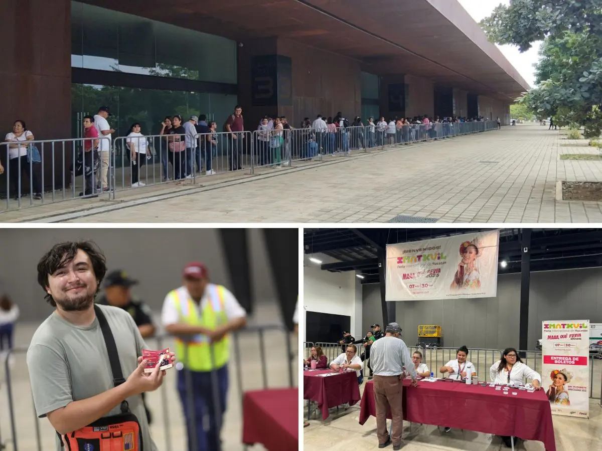 Desde temprana hora cientos de interesados acudieron a las puertas del Centro de Convenciones Siglo XXI para ser los primeros en obtener los boletos gratuitos y así asegurar su entrada a los primeros conciertos que se realizarán este fin de semana en el marco de la Feria Yucatán Xmatkuil 2025.- Fuente Comunique Yucatán y Feria Yucatán