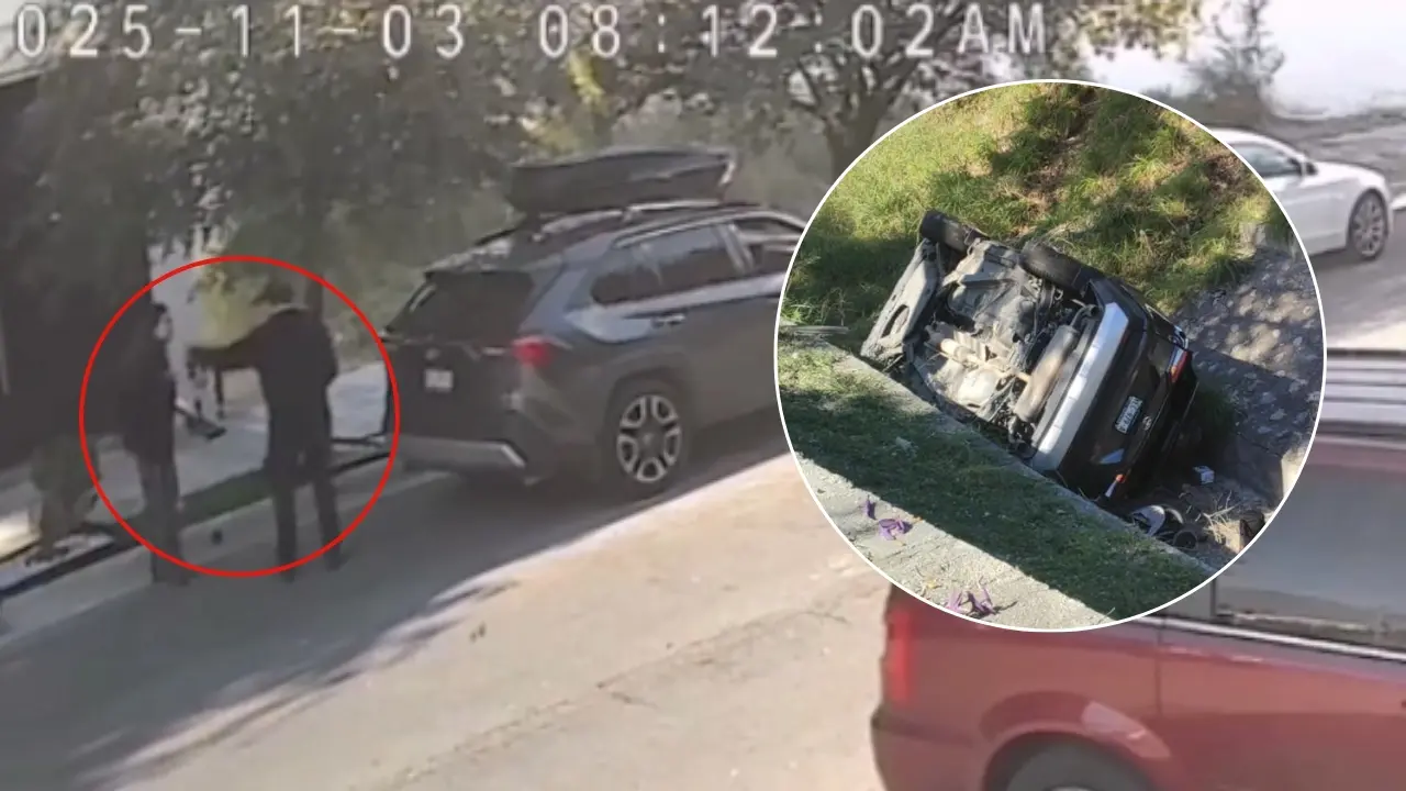 Cámaras de seguridad y la camioneta volcada en Cumbres Mediterráneo. Foto: Canva