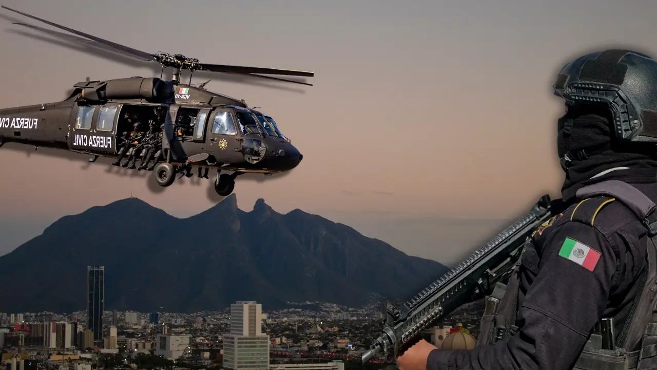 El cerro de la Silla y elementos de Fuerza Civil de Nuevo León. Foto: Canva/Facebook Fuerza Civil