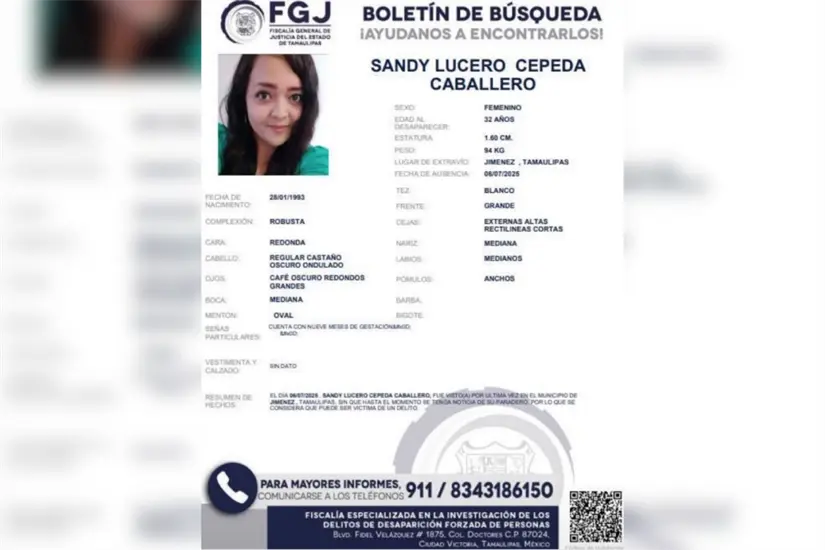 imagen recuadro Ficha de búsqueda emitida por la Fiscalía estatal al momento de la desaparición de Sandy Lucero. Foto: FGJT