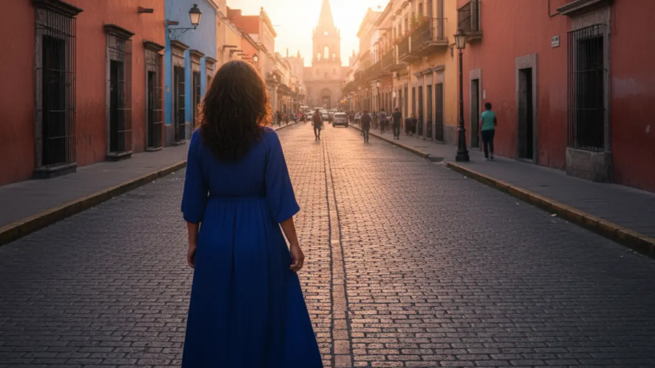 Mujer de espaldas, fondo calle de México | Gemini IA
