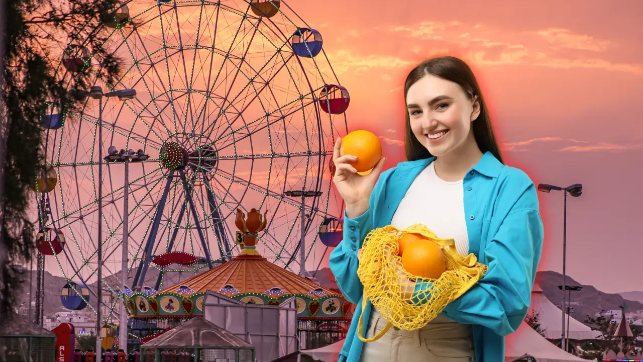 Una mujer con una naranja y una feria. Foto: Canva
