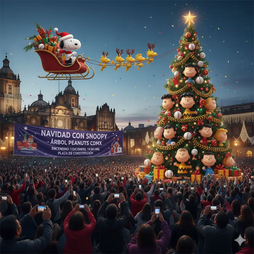 imagen recuadro Snoopy celebrará Navidad en la CDMX. Foto: IA