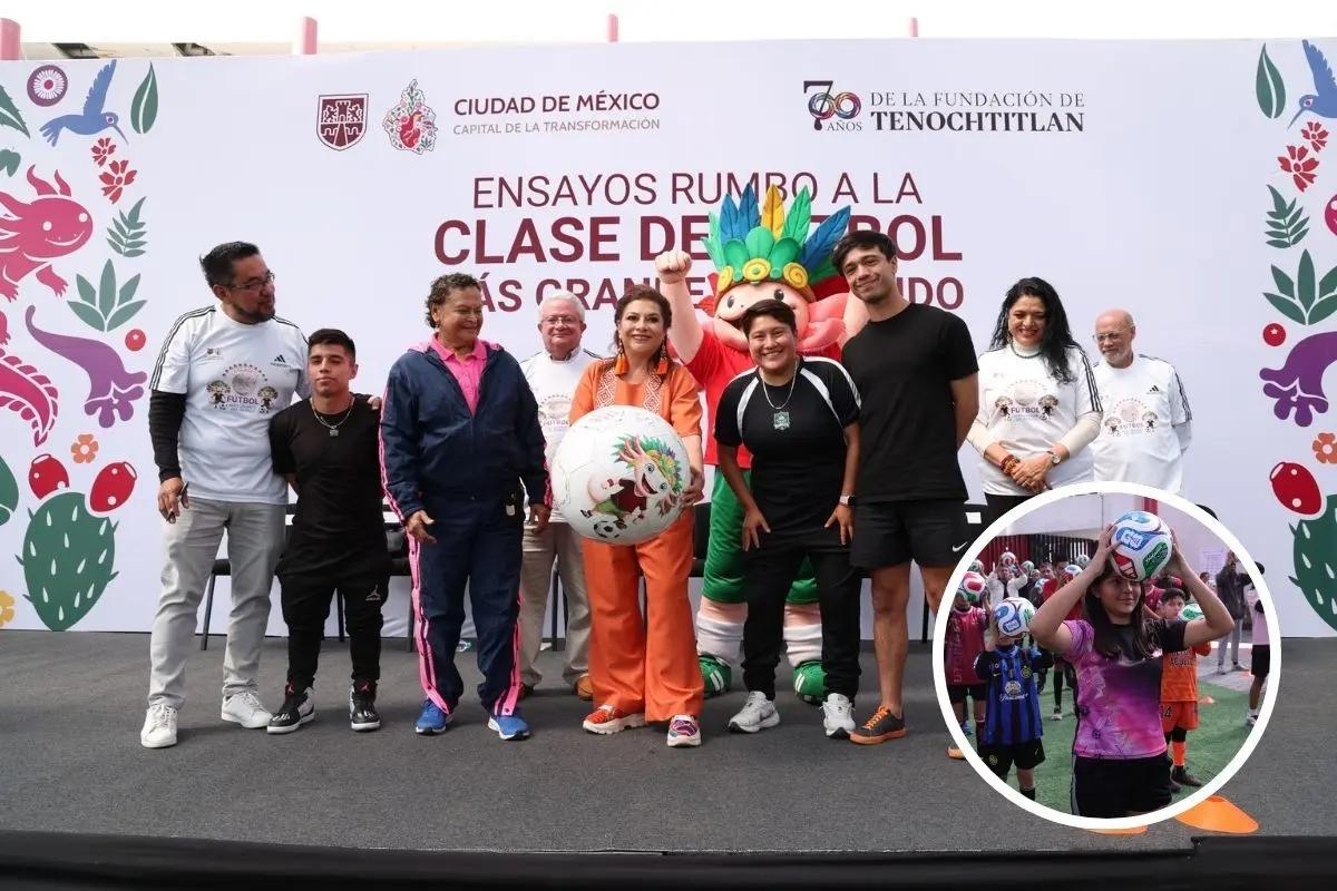 Clara Brugada en la Clase de Fútbol Más Grande del Mundo en CDMX.  Foto: Gobierno CDMX | Canva