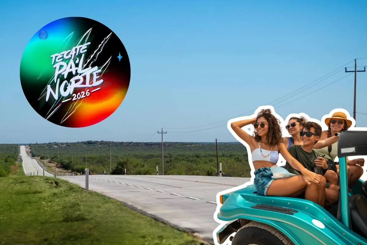 La carretera La Gloria-Colombia es la vía rápida, segura y sin costo que conecta Texas con Nuevo León para disfrutar del festival Tecate Pal Norte 2026. Foto: Facebook Gobierno de Nuevo León / Facebook Tecate Pal Norte / Canva