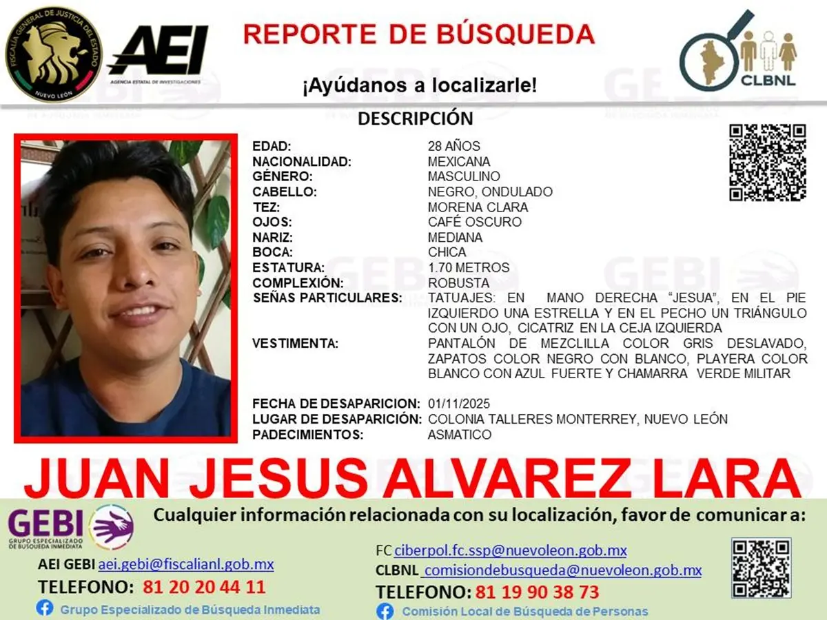 Juan Jesús Alvarez Lara desapareció el pasado sábado 1 de noviembre de 2025 en la colonia Talleres, del municipio de Monterrey, Nuevo León. Foto: Fcebook Grupo Especializado de Búsqueda Inmediata