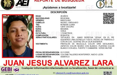Juan Jesús Alvarez Lara desaparece en la colonia Talleres de Monterrey