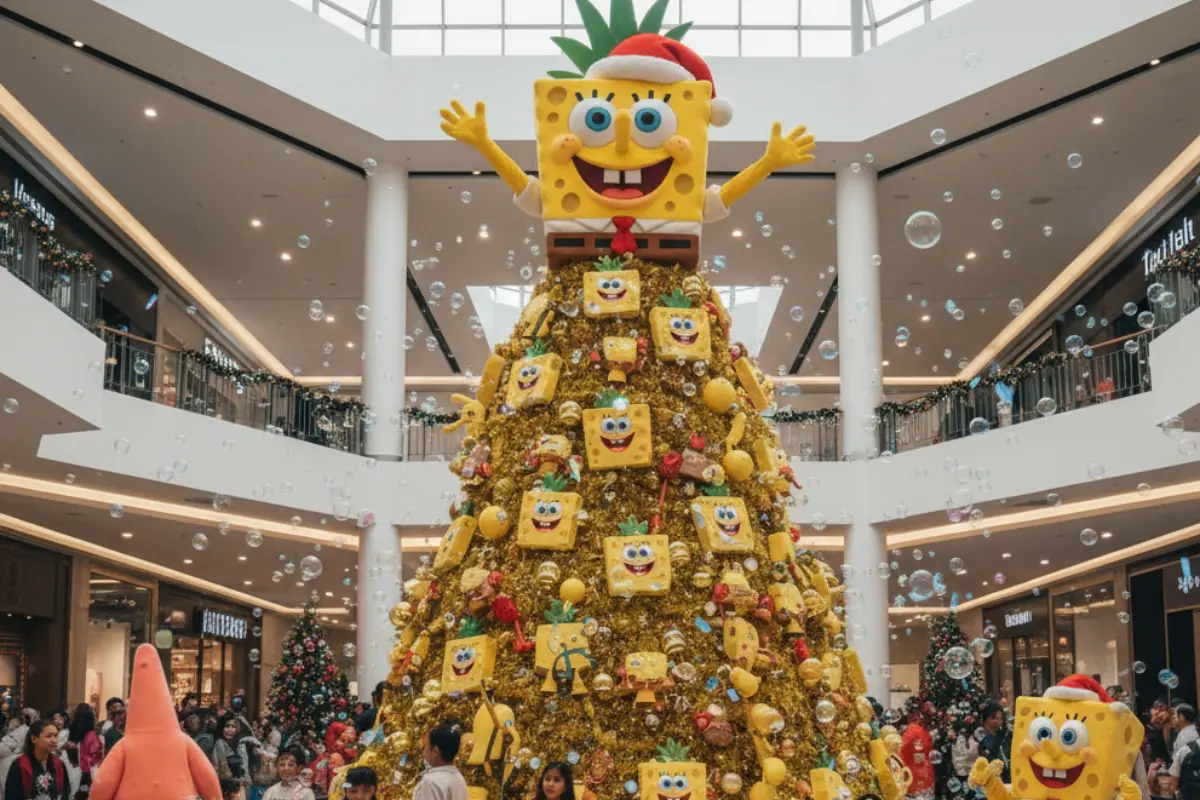 Árbol de Navidad Bob Esponja en CDMX. Foto: IA