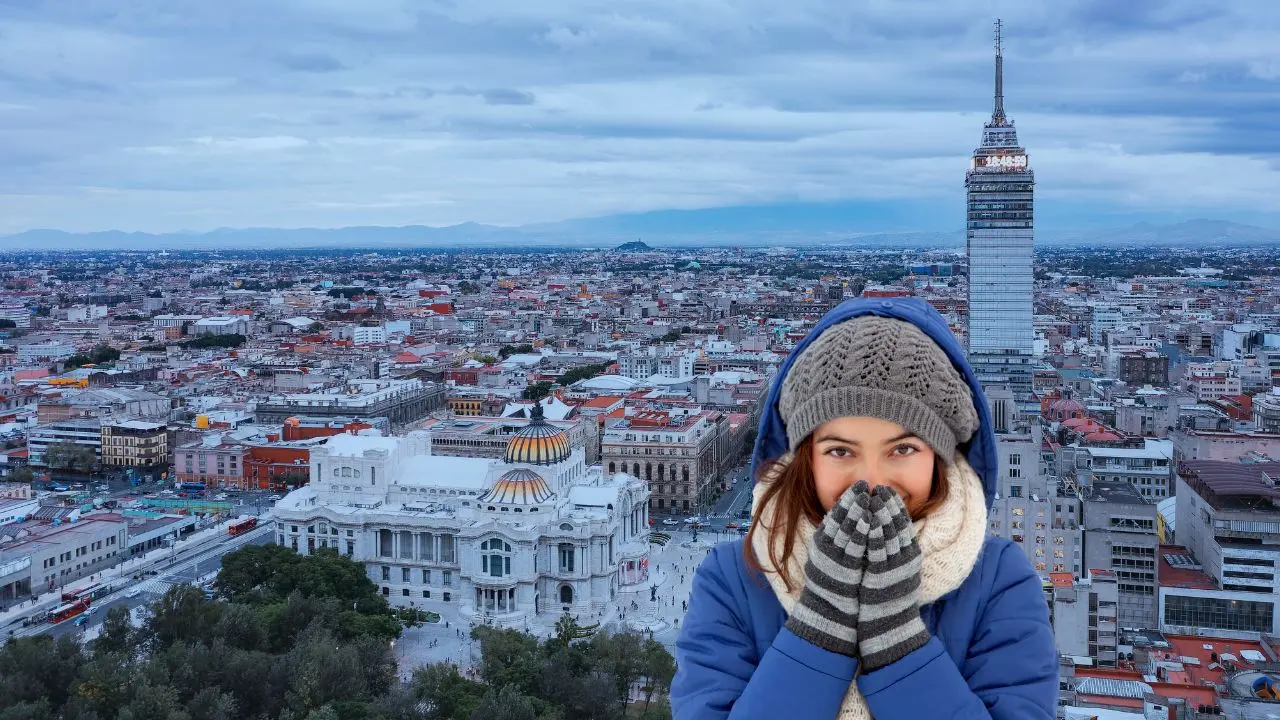 Vista aérea de CDMX, persona abrigada por el frío Foto: Canva