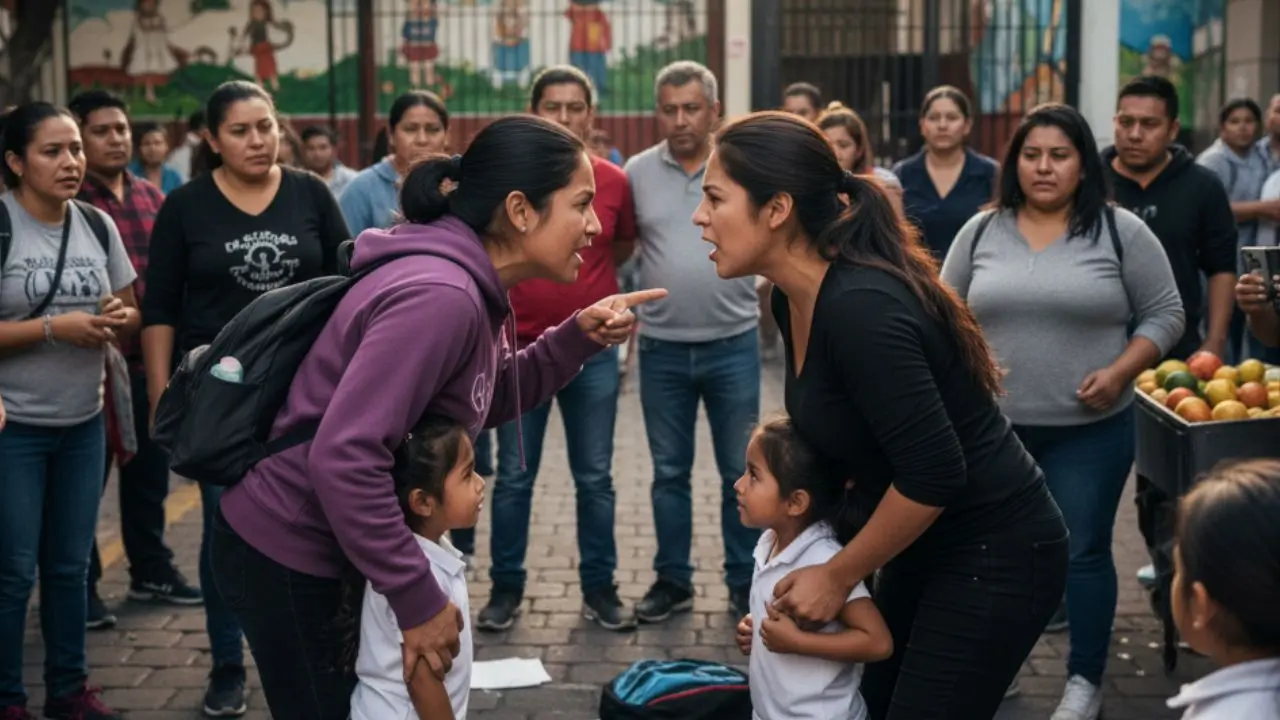 Pelea entre madres de familia al exterior de una primaria. Foto: creada con IA
