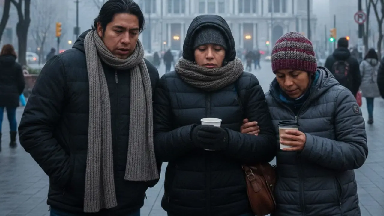 Personas en CDMX abrigados de las bajas temperaturas. Foto: creada con IA