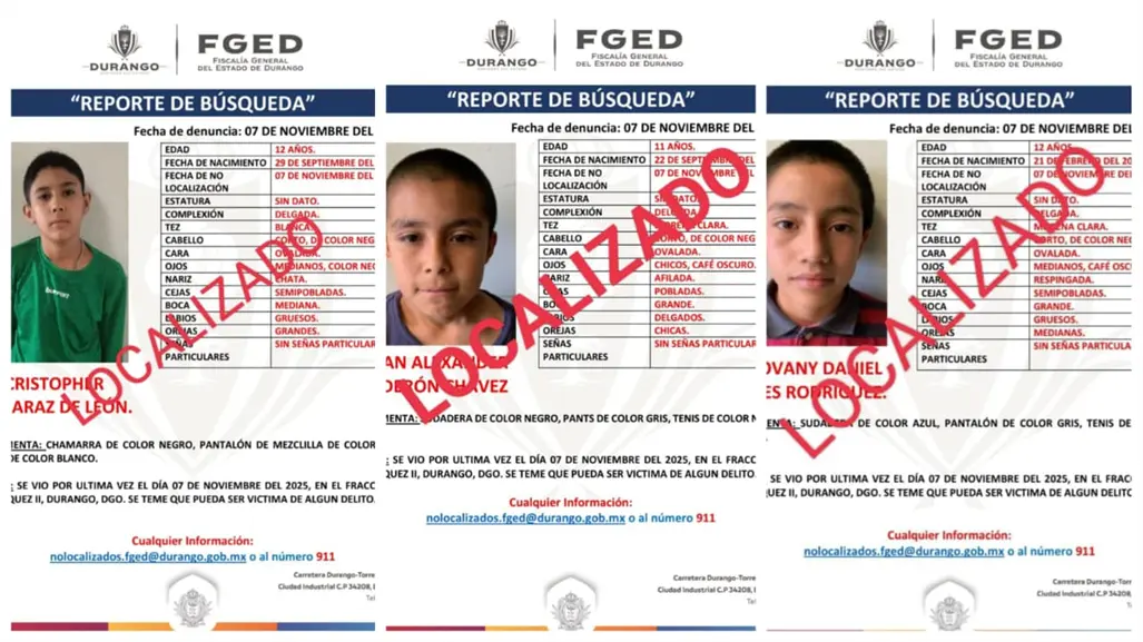 Localizan a 3 niños desaparecidos en Durango este fin de semana