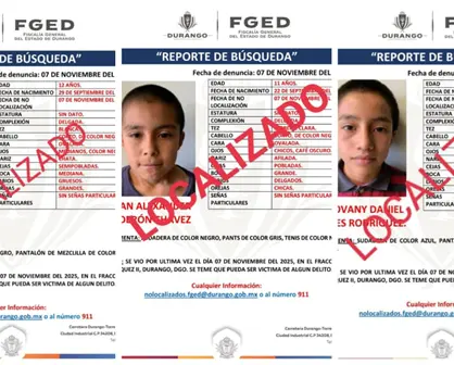 Localizan a 3 niños desaparecidos en Durango este fin de semana