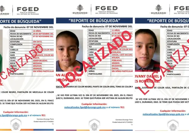 Localizan a 3 niños desaparecidos en Durango este fin de semana