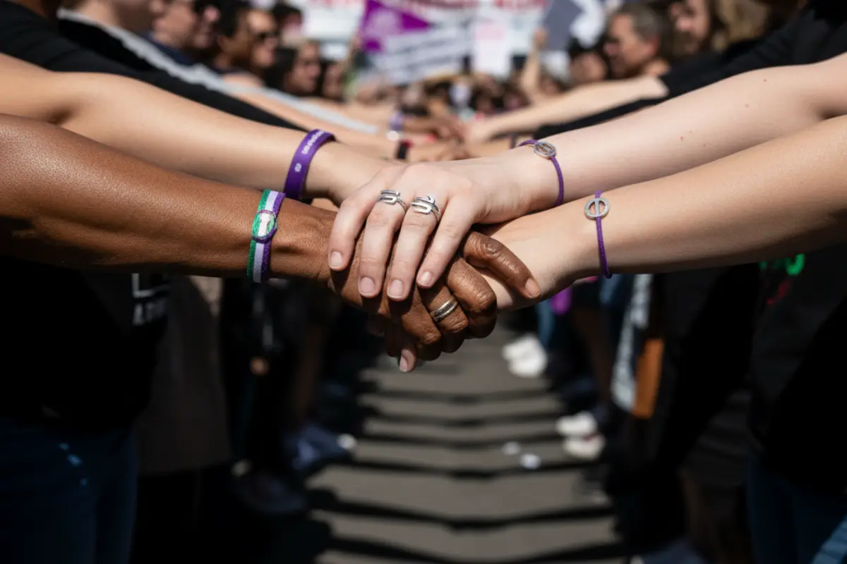 Mujeres tomándose de la mano con pulseras moradas | Gemini IA