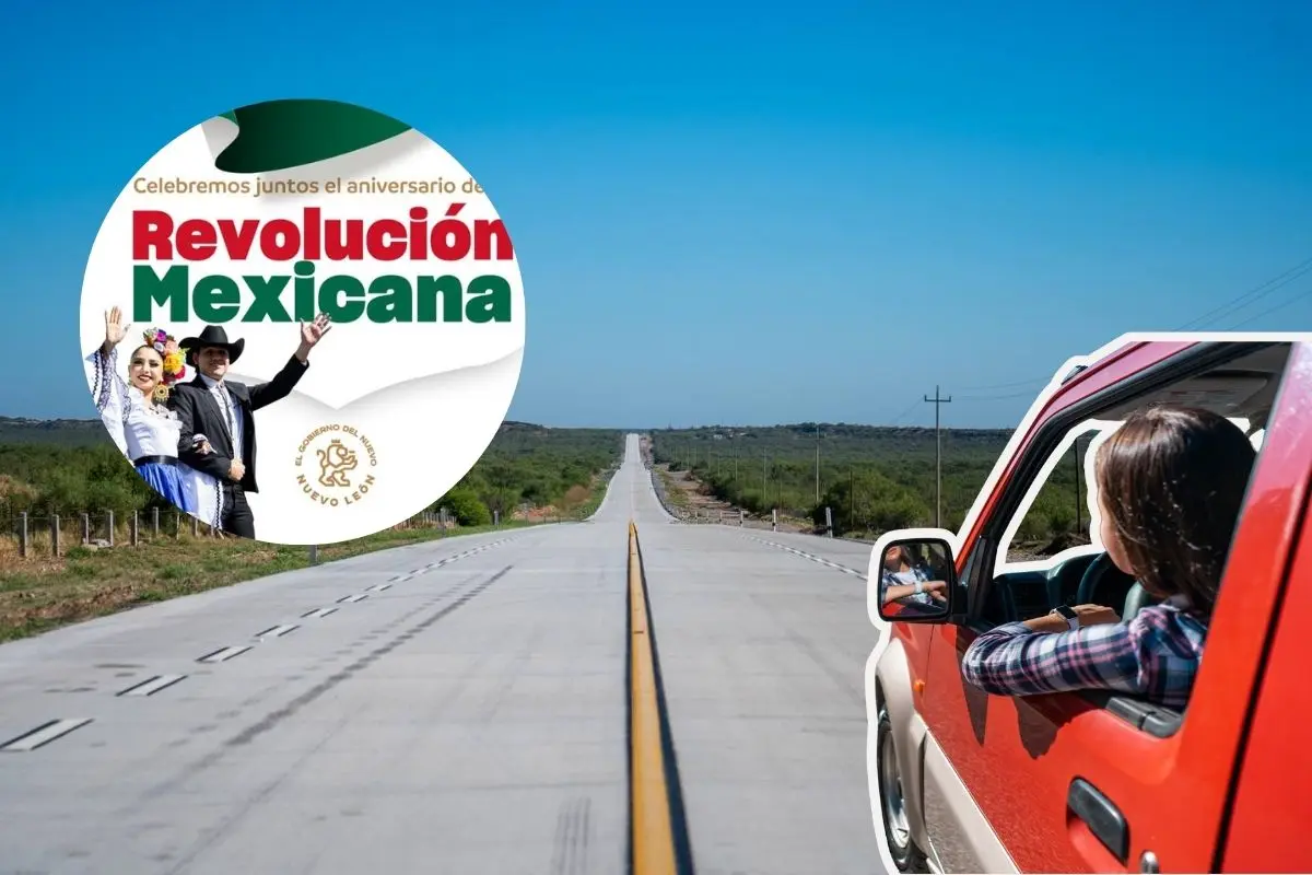 La carretera La Gloria-Colombia conecta a los visitantes de Texas con Nuevo León para disfrutar del desfile cívico-deportivo-militar del 115 aniversario de la Revolución Méxicana en la Explanada de los Héroes en la Macroplaza de Monterrey. Foto: Facebook Gobierno de Nuevo León / Canva
