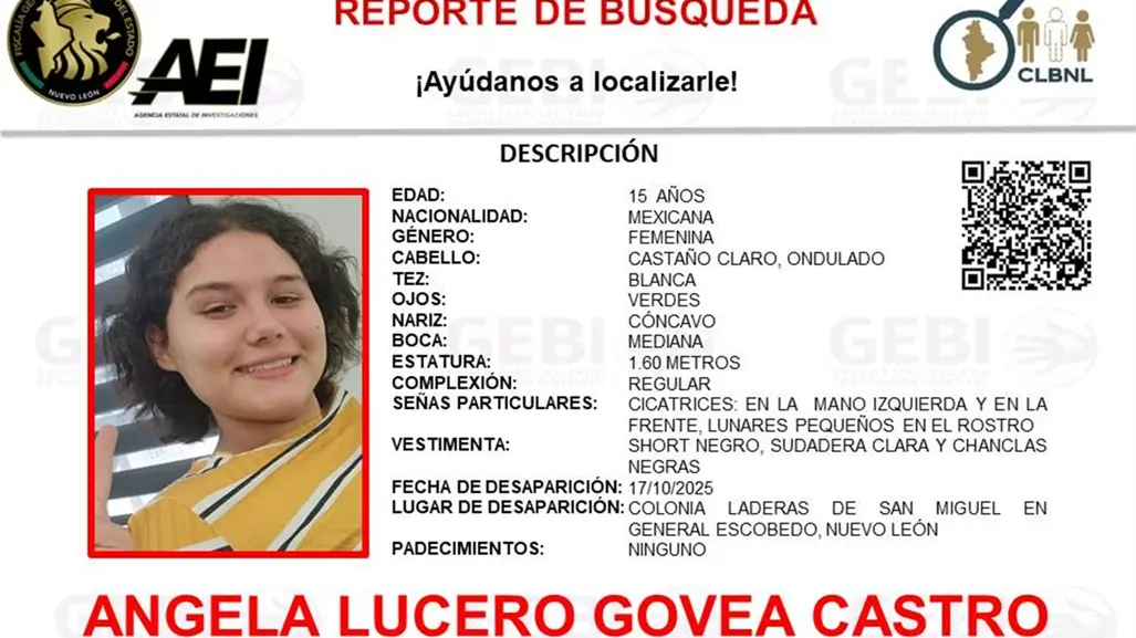 Angela Lucero Govea Castro desaparece en la colonia Laderas de San Miguel en Escobedo