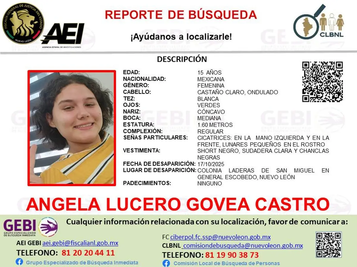 Angela Lucero Govea Castro desapareció el 17 de octubre de 2025 en la colonia Laderas de San Miguel, en el municipio de Escobedo, Nuevo León. Foto: Facebook Grupo Especializado de Búsqueda Inmediata