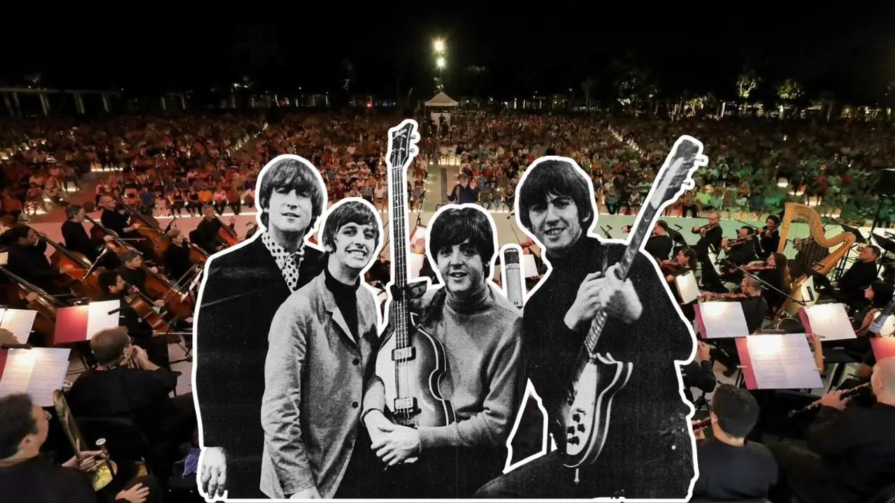 Al fondo un aspecto de la presentación de la OSY. Al frente, integrantes de la banda británica The Beatles cuya música será honrada el próximo 21 de noviembre en el Gran Parque de La Plancha en Mérida.- Fuente Sedeculta y Wikipedia