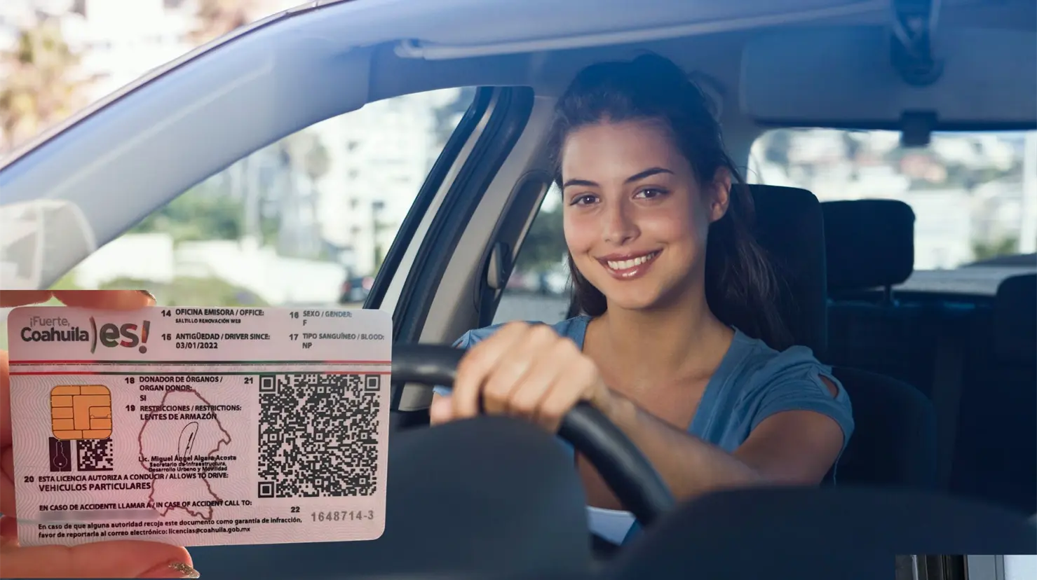 Chica manejando un vehículo. Imagen de la licencia de conducir en Coahuila. (Fotografía: Canva | Gobierno de Coahuila)