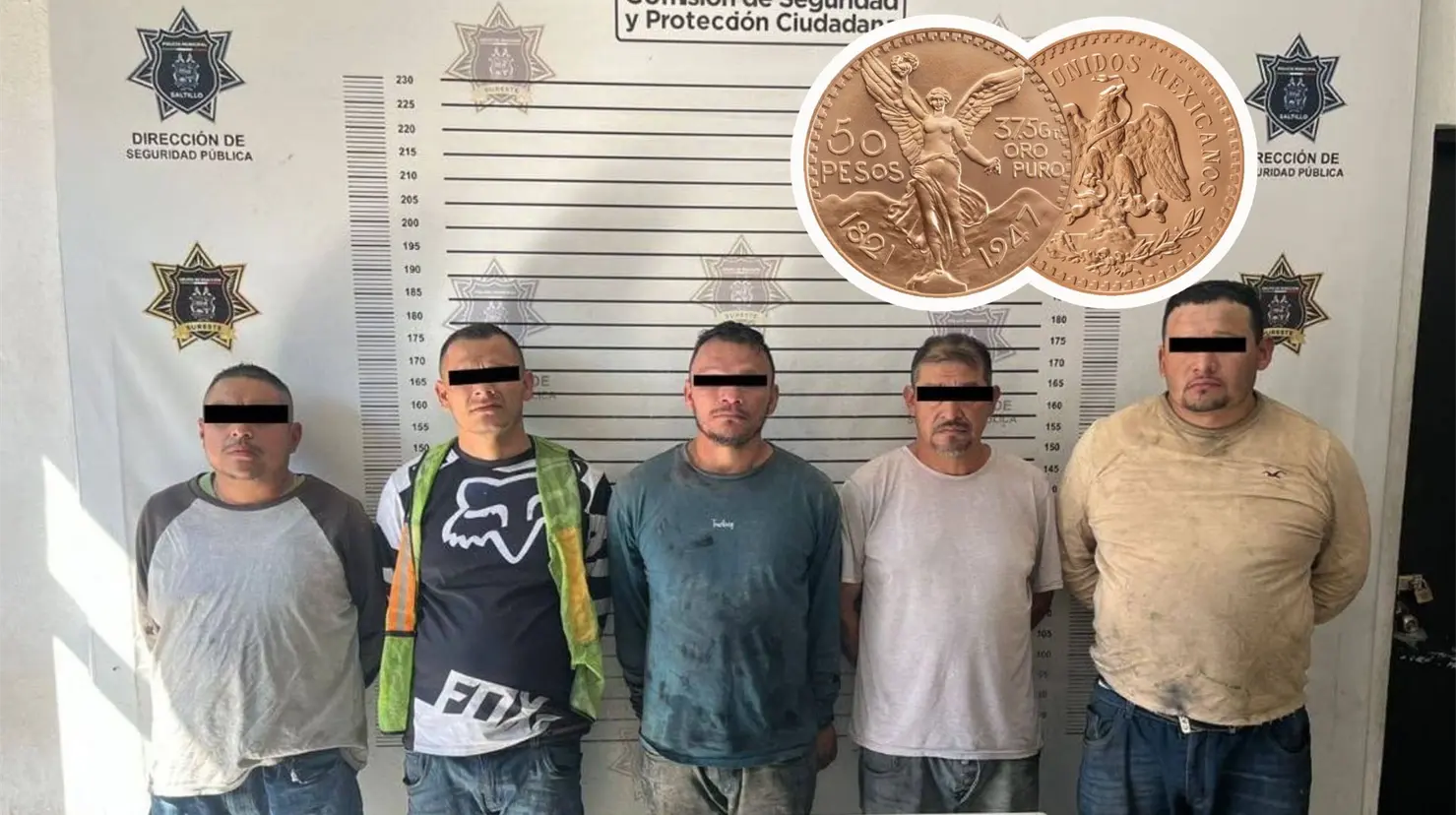 Los cinco detenidos en la Fiscalía. Imagen de un centenario. (Fotografías: Comisaría de Seguridad y Protección Ciudadana | BBVA)