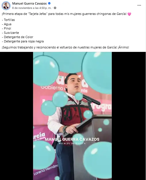 Captura de pantalla de publicación del alcalde de García Foto: FB Manuel Guerra 