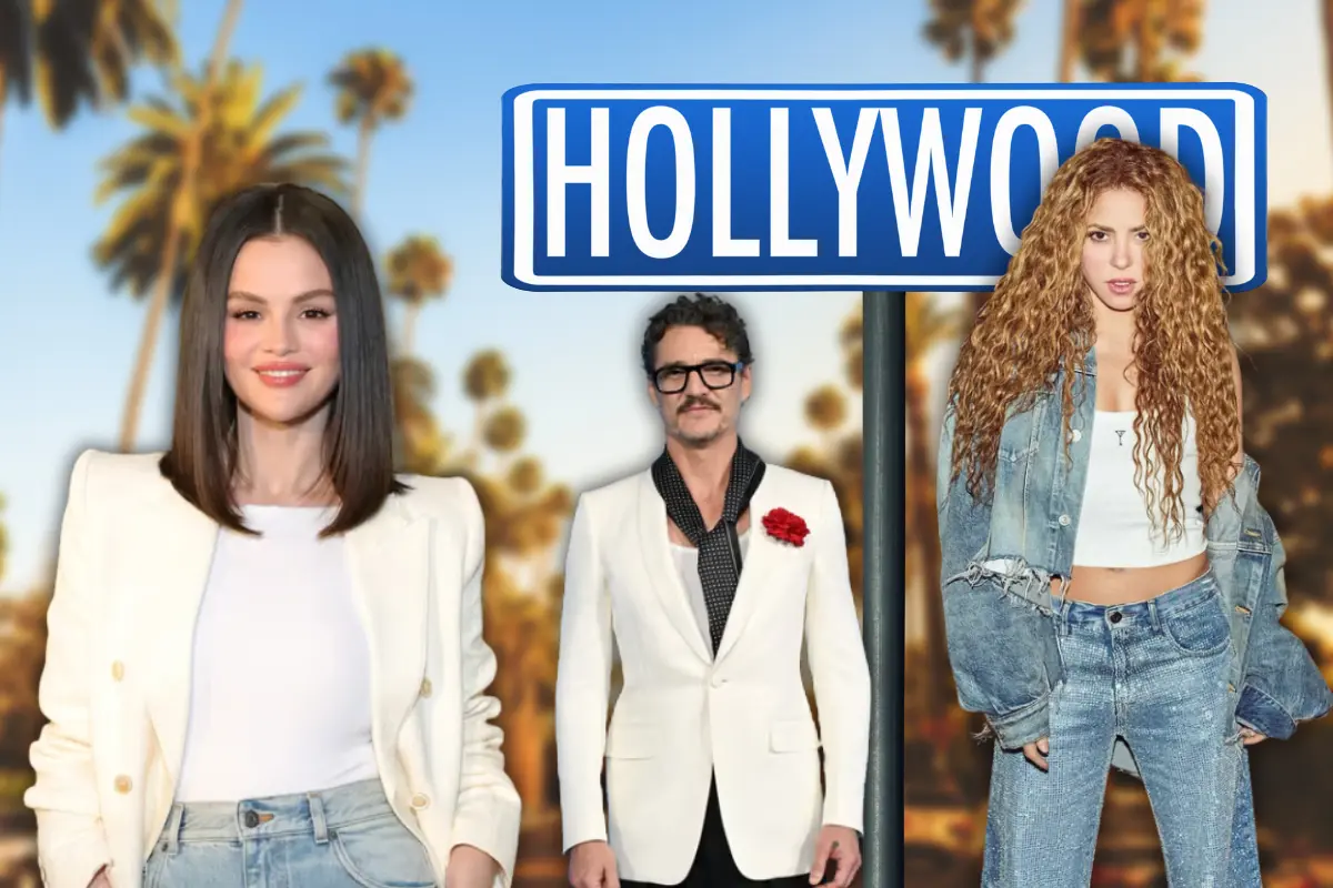 Selena Gomez, Pedro Pascal y Shakira posan frente a fondo de Hollywood (Foto: IG @selenagomez, @pascalispunk, @shakira / Canva)