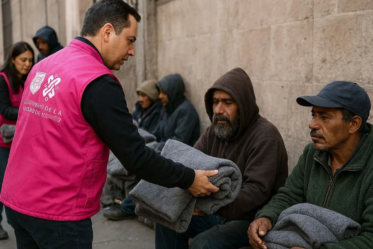 Personal del gobierno capitalino regalando cobijas a personas en situación vulnerable. Foto: creada con IA