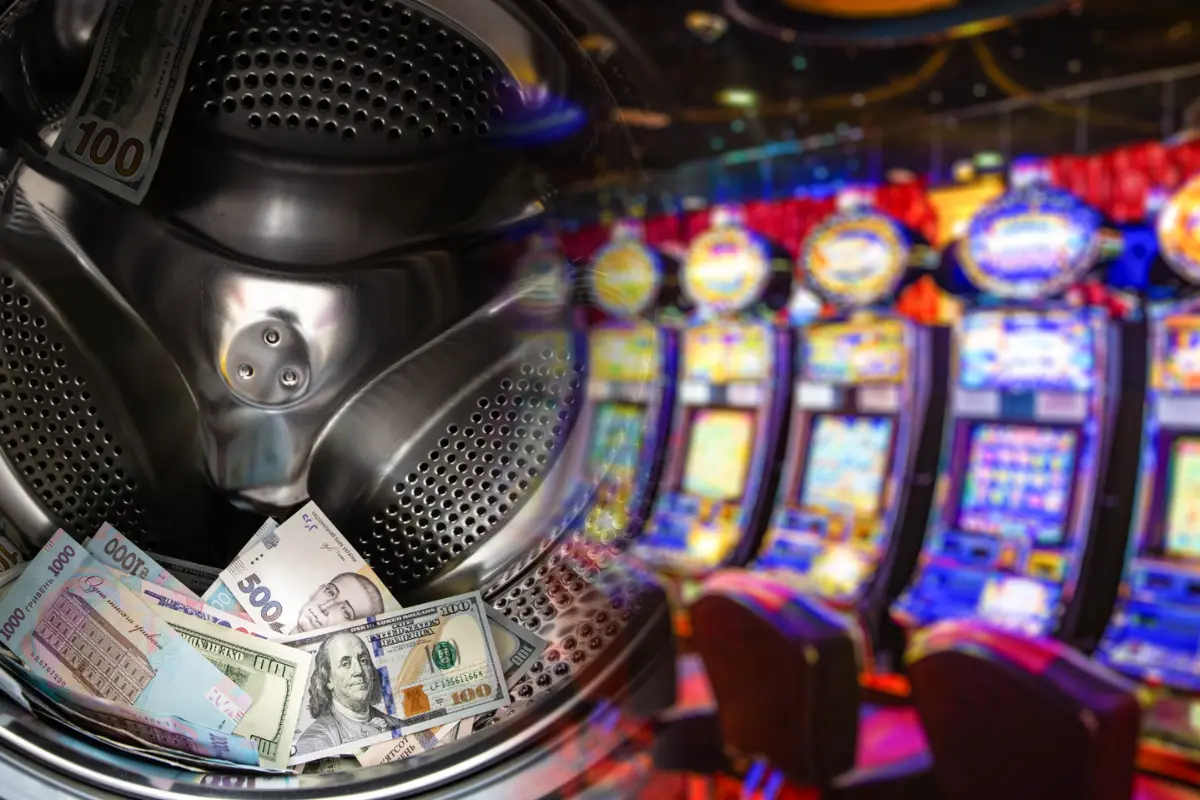 Maquinas de casino, lavadora y dólares en billete. Foto: Canva