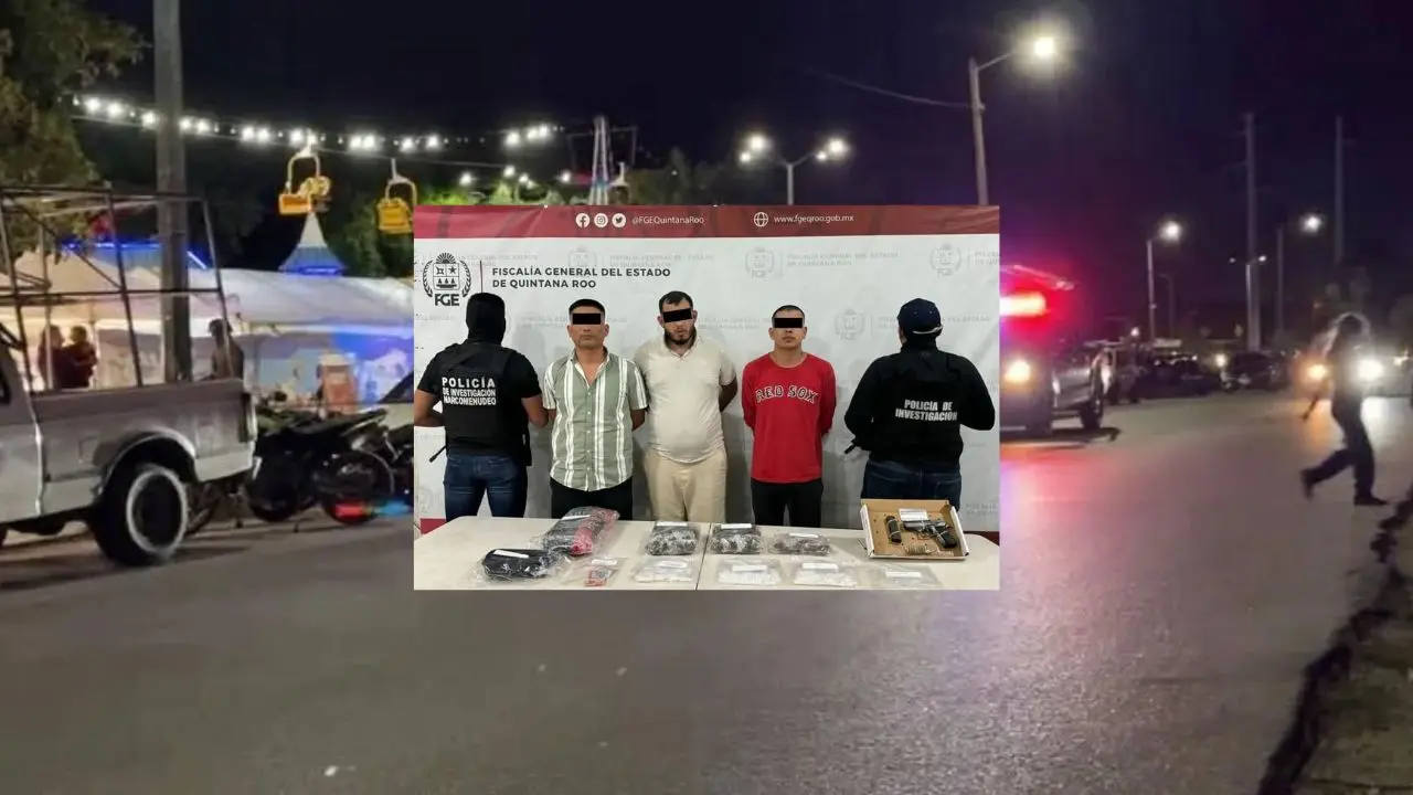 Al fondo, aspecto del operativo que se realizó en una feria instalada cerca de un centro comercial de Cancún. En medio, foto de los detenidos entre los que se encuentra “Pancho Tamaulipas”, de camiseta blanca.- Fuente Noticias el Rumbo del Caribe