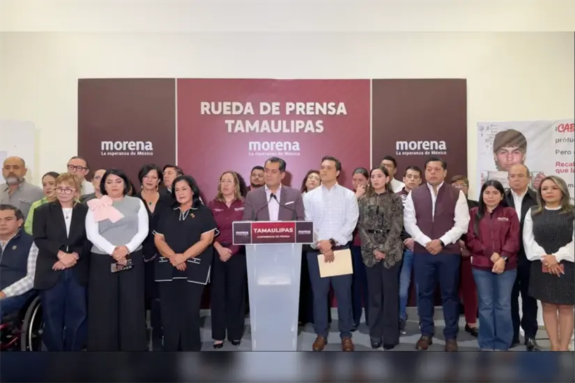 imagen recuadro El vicepresidente de la Cámara de Diputados encabezó una rueda de prensa en Tamaulipas junto a la dirigencia y actores políticos de Morena en el estado. Foto: Carlos García