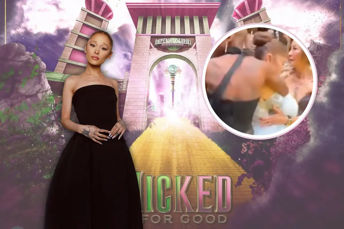 Ariana Grande posando frente al cartel de su nueva película Wicked: For Good, junto a un recuadro donde se muestra el momento en que fue agredida durante la premier en Singapur (Foto: IG @arianagrande / Canva)