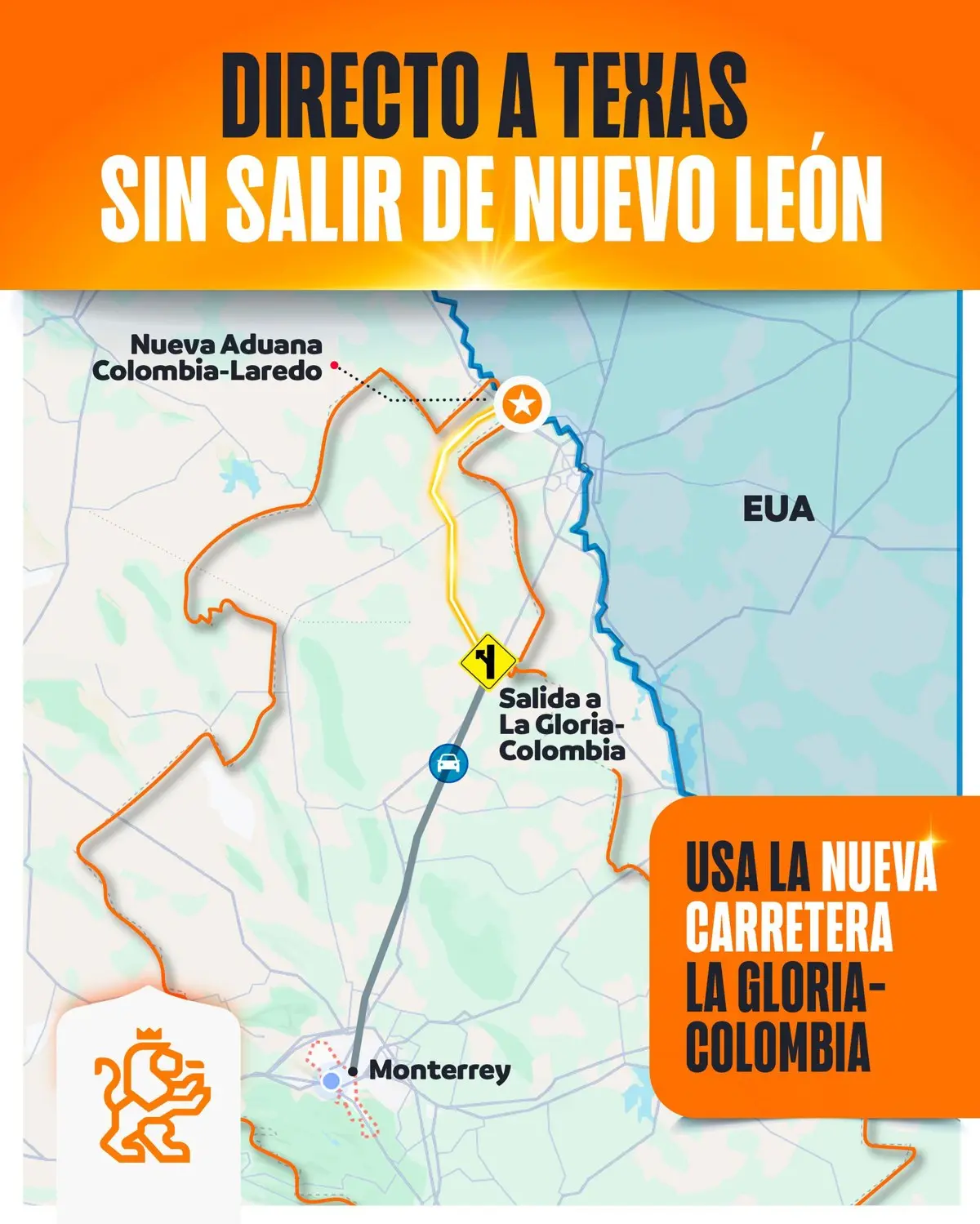 A través de la carretera La Gloria-Colombia se puede llegar a la frontera con Texas de una manera rápida, segura y gratuita. Foto: Facebook Gobierno de Nuevo León