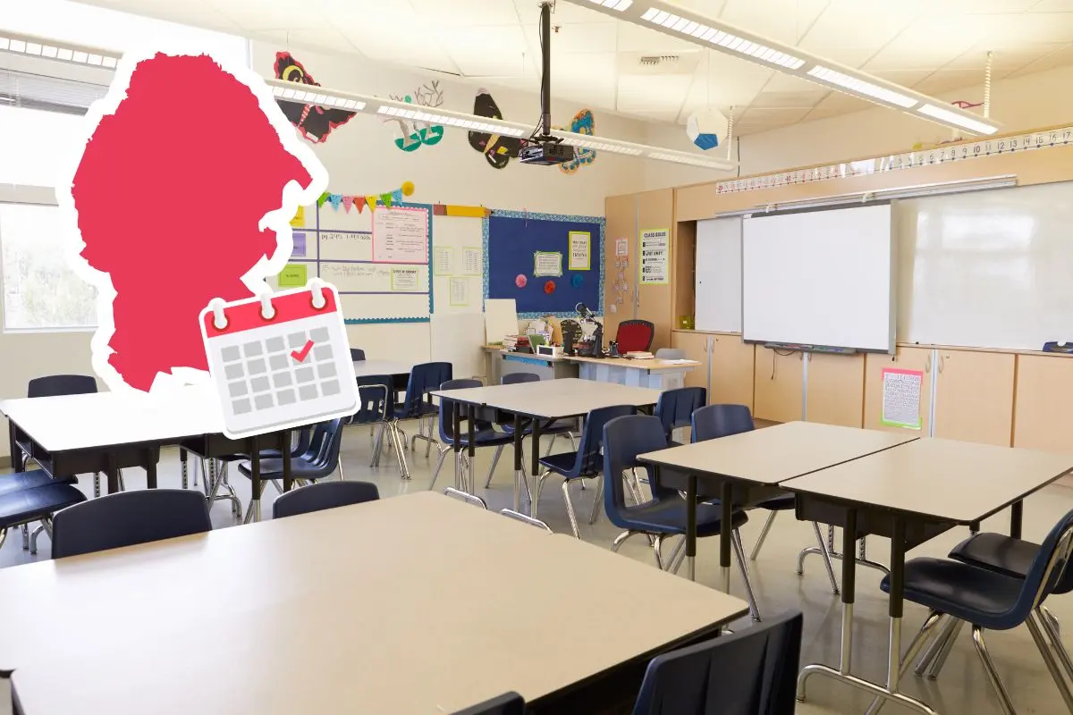 Salón de clases vacío en representación del megapuente en Coahuila / Foto: Composición de Canva