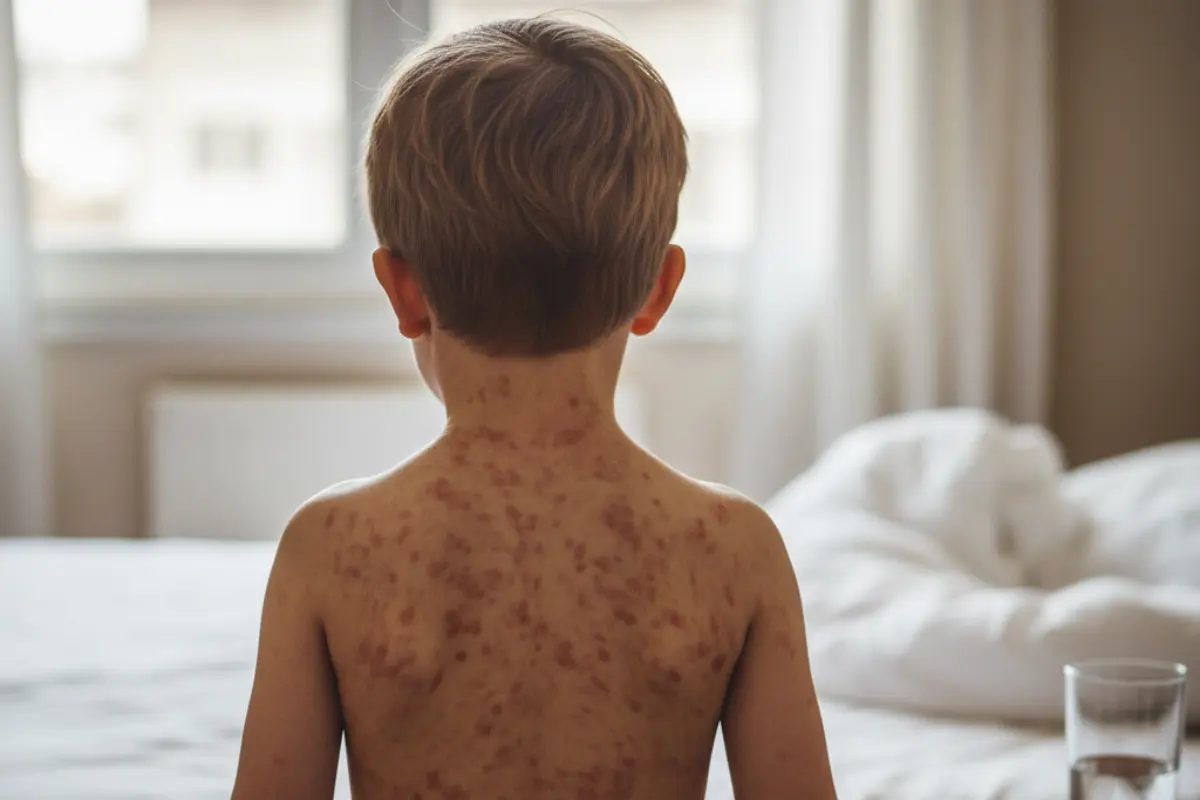 Niño con sarampión de espalda | Foto: Gemini IA