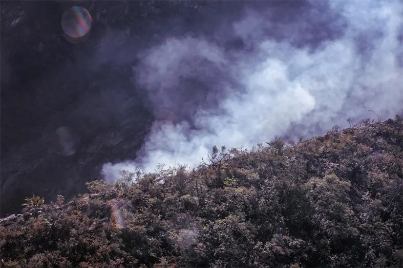 Vista aérea de la densa fumarola emergiendo en la zona media del cerro Foto: PCNL